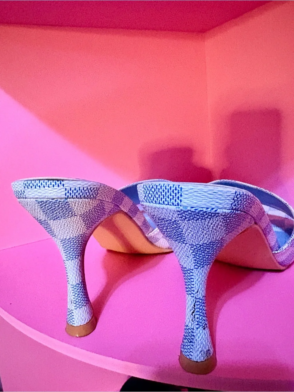 Fashion Nova Blue Checkered Open-Toe Heeled Mules